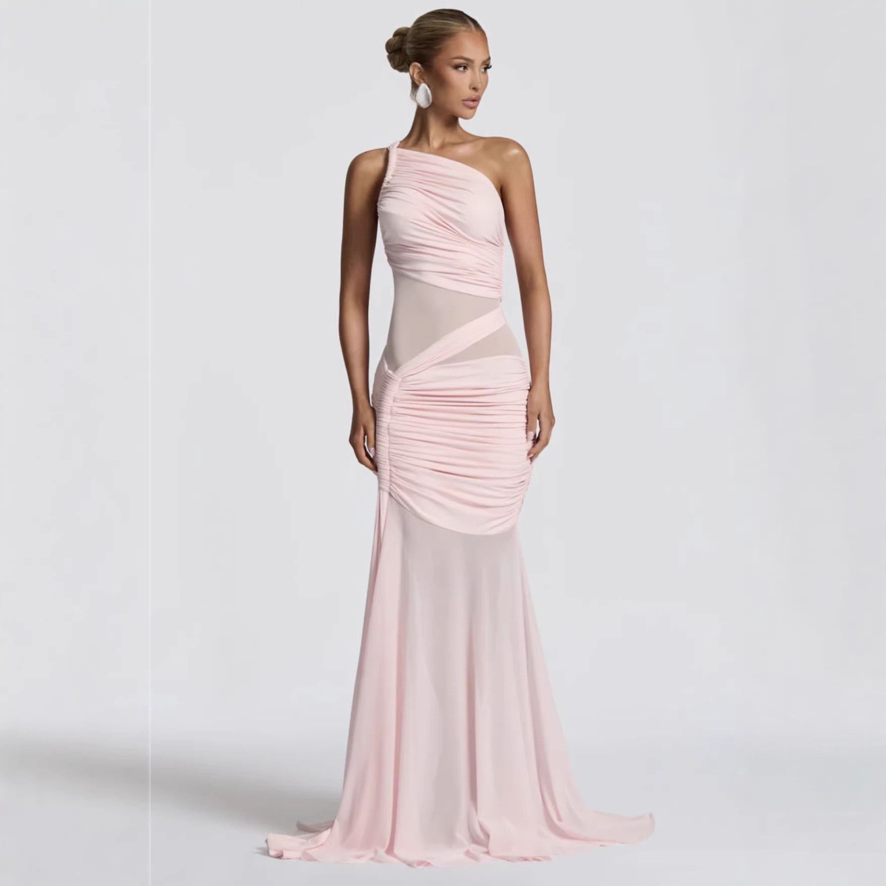 Off-Shoulder See Through Pleated Dress American Style Sexy Bodycon Slim Fit Hot Girl Fashion_ecoleips.com