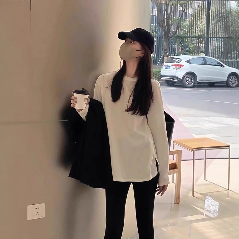 Pure Cotton White Long-Sleeved T-Shirt for Women Spring, Autumn and Winter New Sweatshirt Layered with Bottoming Shirt and Shark Pants 7164 Pure Cotton White Long-Sleeved T-Shirt for Women Spring, Autumn and Winter New Sweatshirt Layered with Bottoming Shirt and Shark Pants 7164