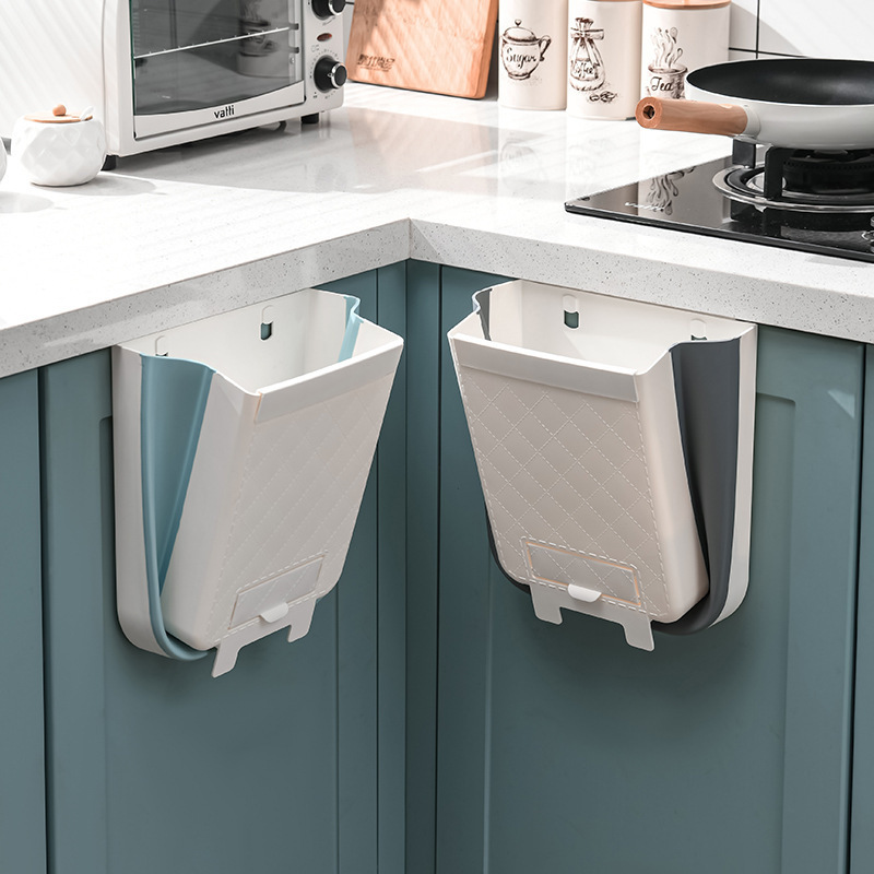 Kitchen Folding Trash Bin Wall-Mounted TikTok Creative Household Toilet Trash Bin Cabinet Door Hanging Trash Bin