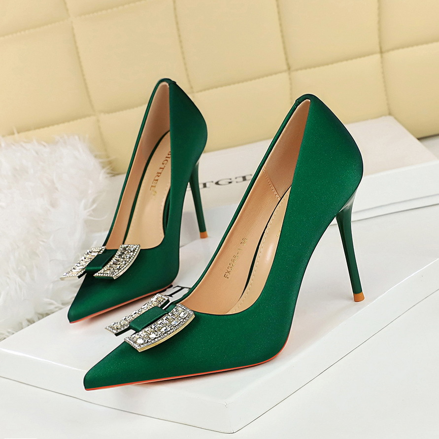 3265-K70 Banquet Dress High Heels Pointed Toe Shallow Mouth Satin Single Metal Rhinestone Bow Elegant Women's Shoes_voghion.com