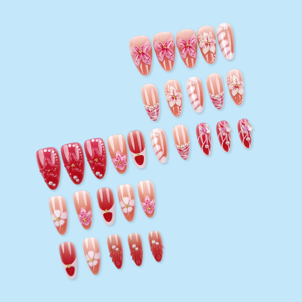 30 piezas de venta en caliente transfronteriza hecha a mano almendras desgaste de uñas estereoscópicas dulces flores de viento fresco mariposa perla goteo de pegamento de uñas
