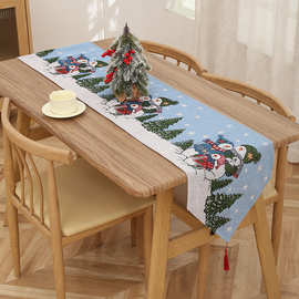 承峰家纺2025圣诞雪人花朵圣诞提花棉麻拷边桌布亚麻茶巾餐巾布
