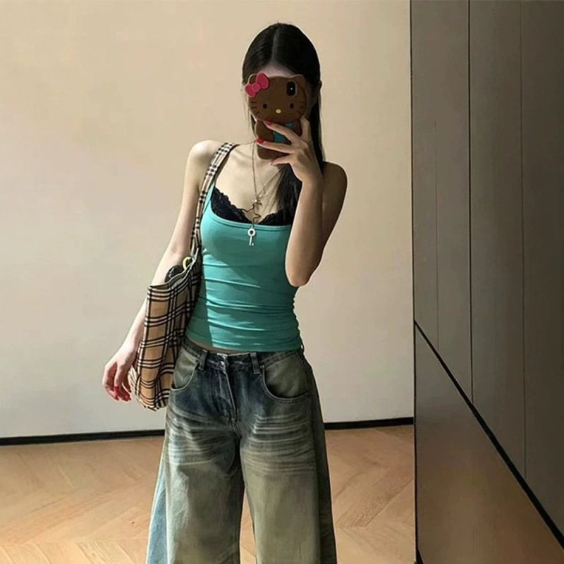 2026 Korean-Style Vintage Spicy Girl Lace Faux Two-Piece Joy Mint Green Top with Straps, Slim Fit, Super Slimming Tank Top 2026 Korean-Style Vintage Spicy Girl Lace Faux Two-Piece Joy Mint Green Top with Straps, Slim Fit, Super Slimming Tank Top