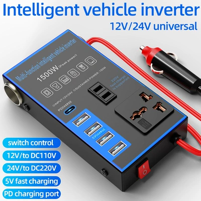 12V24V to 220V multifunctional car inverter high-power converter charger for cars and trucks (Mobil şarj cihazları) - english-new-upgrade-metal-shell-4usb-pd-port-2-cigarette-lighter-holeblue