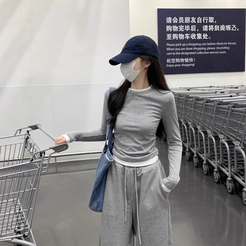 纯欲设计感秋季拼接撞色美式假两件褶皱长袖修身T恤显瘦上衣打底|undefined