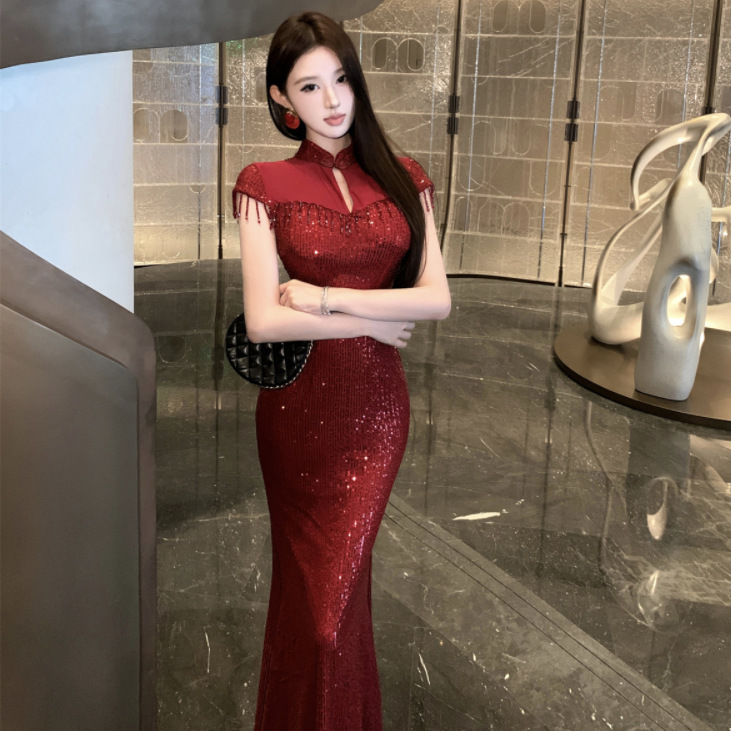 2025 New Style Ladylike Stand-Up Collar Mesh Splicing Sequins Heavy Tassel Long Fishtail Skirt Dress