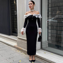 跨境欧美气质性感一字领蕾丝拼接连衣裙女外贸洋气女装包臀长裙子