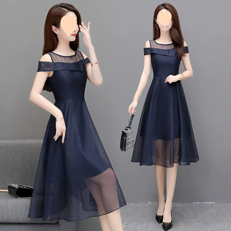 Платье с открытыми плечами для женщин, лето 2025, новый стиль, миниатюрная элегантная шифоновая юбка на одно плечо для похудения талии средней длины