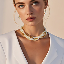 欧美跨境时尚饰品 多层珍珠项链简约大气金色链条项饰  19290