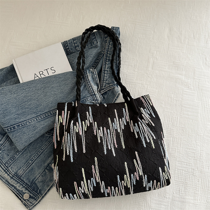 Bolsa de lona bordada a rayas de gran capacidad para mujeres 2024, nueva bolsa de hombro para estudiantes universitarios de clase