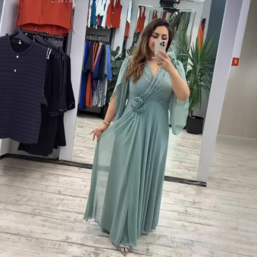 Cross-Border Amazon 2024 European and American Autum New V Neck Pure Color Long-Sleeved French Dress Dress