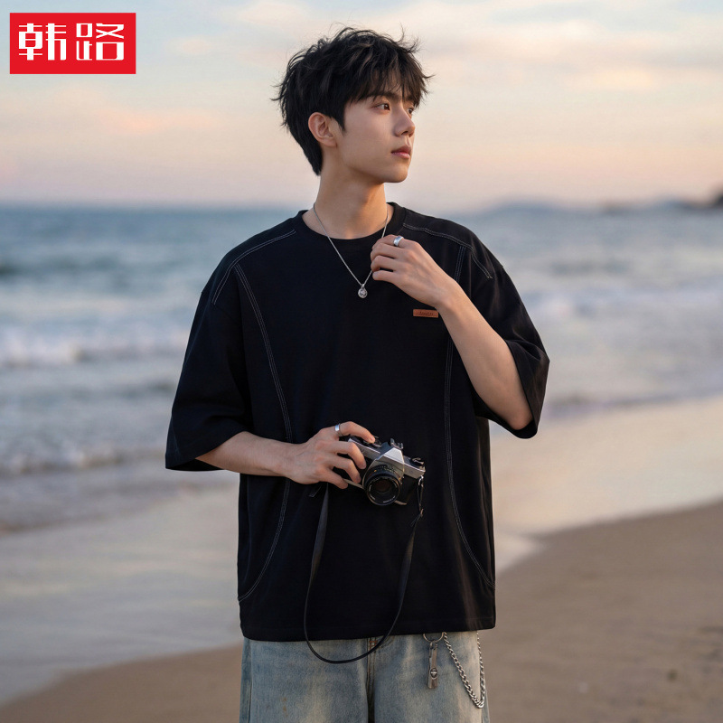 Three-Dimensional Cut Color-Blocked Contrast Stitching Short-Sleeve T-Shirt for Men, Summer Style, American Casual Pure Cotton Loose Top Half-Sleeve Tee Three-Dimensional Cut Color-Blocked Contrast Stitching Short-Sleeve T-Shirt for Men, Summer Style, American Casual Pure Cotton Loose Top Half-Sleeve Tee