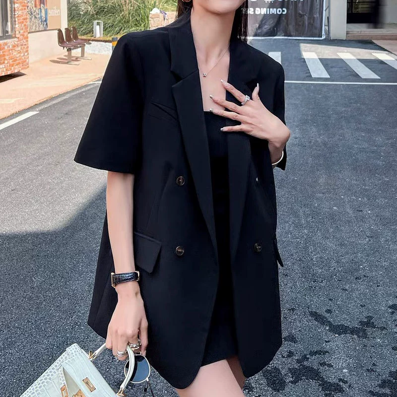 [6673] 2025 Летний толстый мм маленький костюм с короткими рукавами пиджак женский модный свободный повседневный маленький костюм с короткими рукавами женский