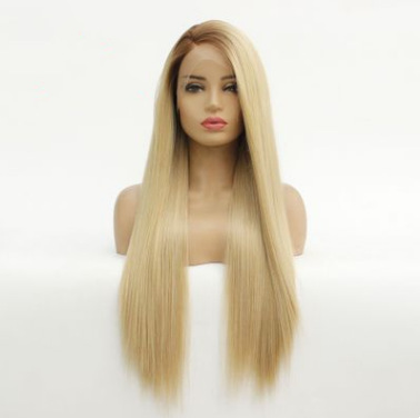 Mediano oro ligero frente encaje fábrica al por mayor fibra química de alta temperatura peluca