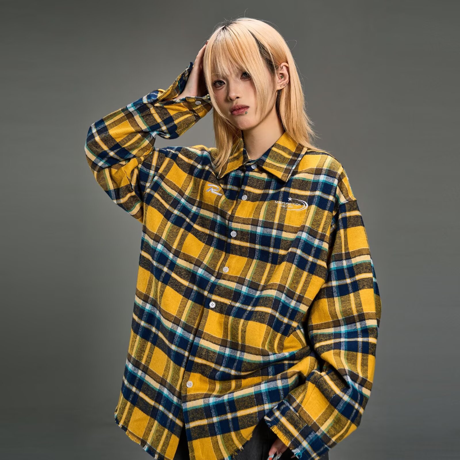 노란색 격자 무늬 셔츠 소녀 유행 하라주쿠 일본식 작은 신선한 느슨한 복고풍 캐주얼 긴팔 셔츠 자켓