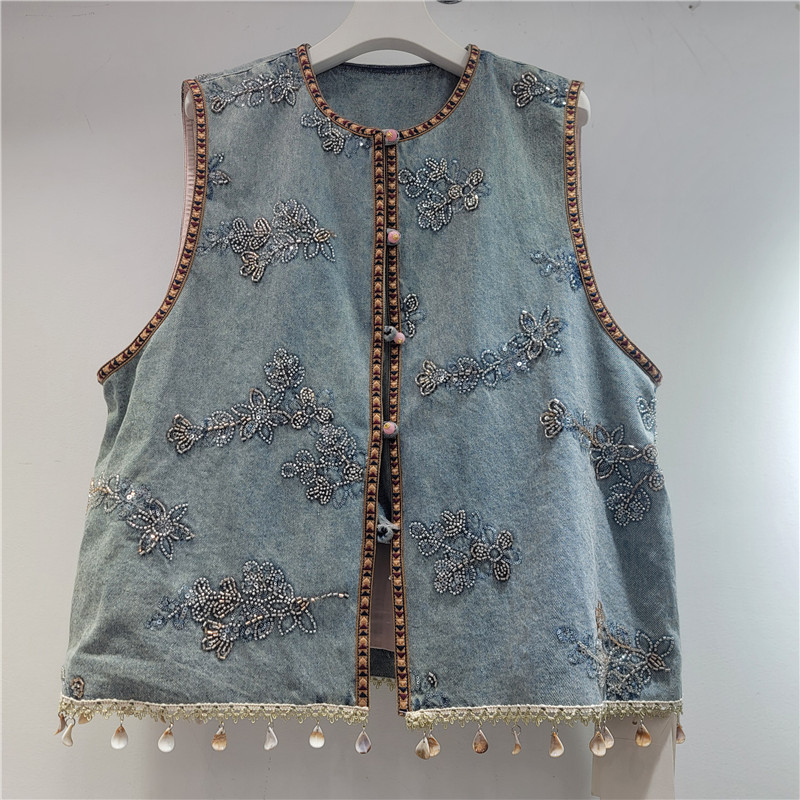 Diseño bordado flores chaleco de vaquero de mujer universal bordado sin mangas hombro clip primavera nueva moda simple