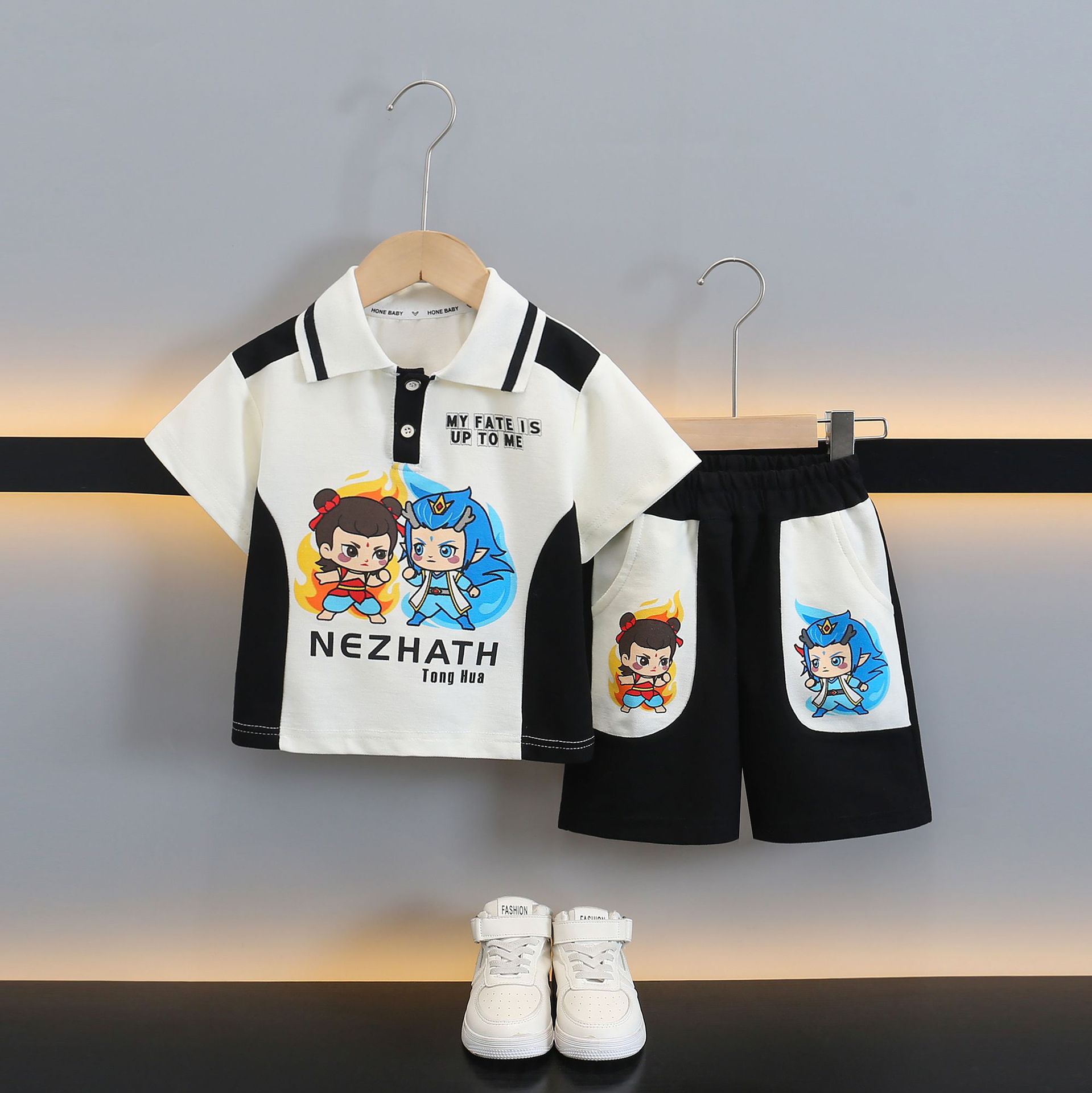 7929 traje de niño para niños guapo Nezha verano traje de dos piezas niño de un año bebé pantalones cortos de manga corta para niños pequeños y medianos