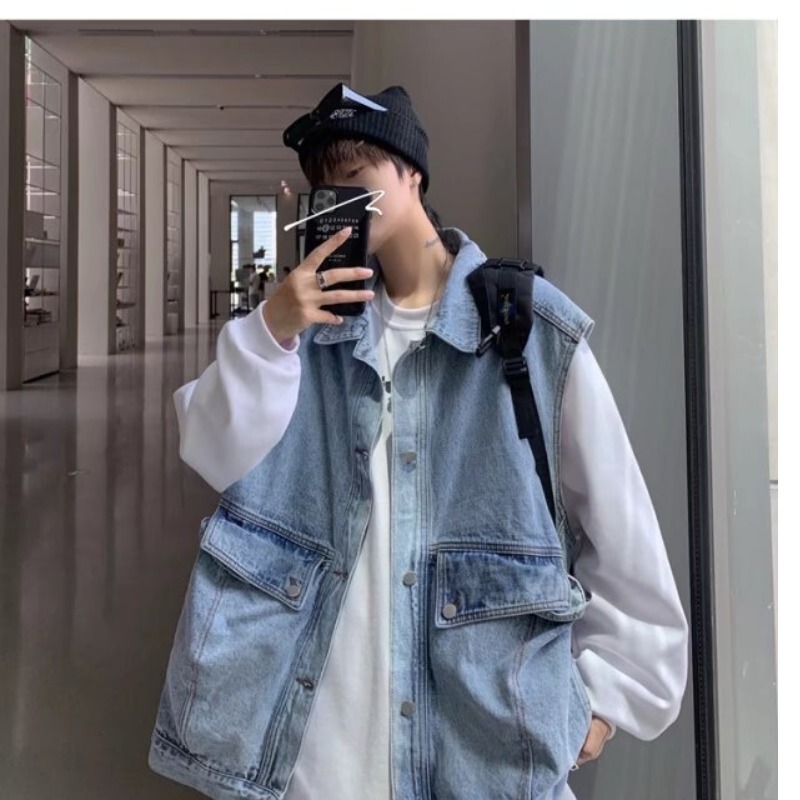 Spring and Autumn Denim Jacket Jacket Men's Retro Korean Style Loose Sleeveless Vest Youth Workwear Vest