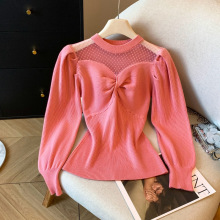 热销2025韩版新款网纱拼接领设计感针织秋冬泡泡袖百搭打底上衣