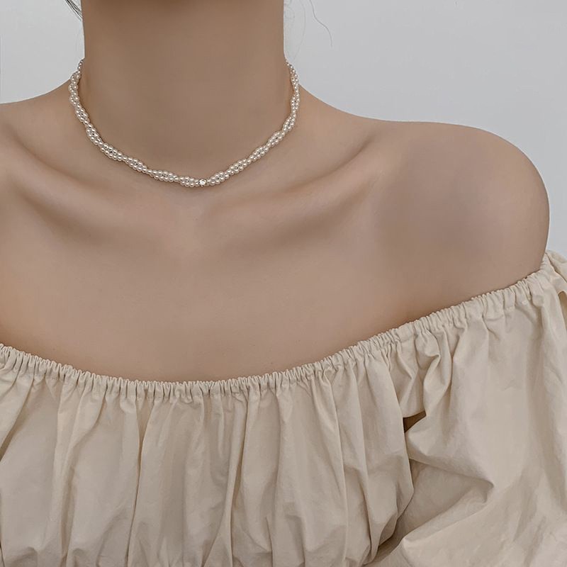 Collar de perlas con lazo de flor con cuentas francesas Elegante cadena de clavícula con sentido de alta gama retro ligero decoración de lujo femenino