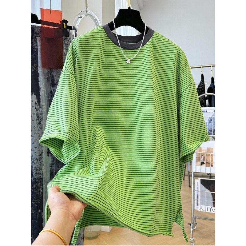 レイジースタイルルーズカジュアルドーパミン老化防止ストライプ半袖Tシャツレディース夏半袖見栄えの良いトップ|undefined