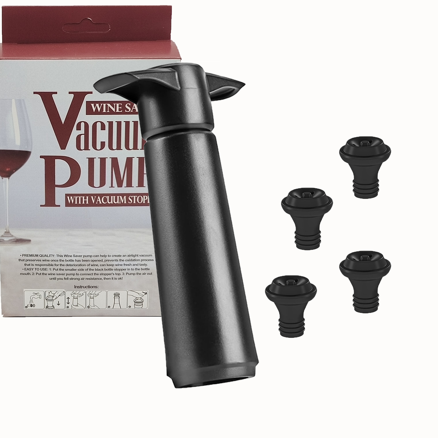 Suministro directo de fábrica Amazon Bomba de vacío de vino tinto, conservador fresco, juego de tapones de vino, tapón de vacío de vino tinto, tapón de succión de bomba negra