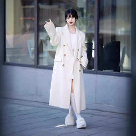 秋冬新款正肩显瘦100%澳洲羊毛大衣女高级感手工缝制毛呢长款外套