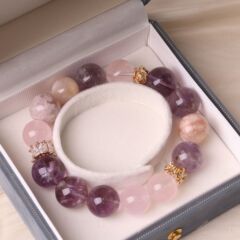 高品質のピンククォーツ、アメジスト、マルチストーンクリスタルブレスレット、中国風ラウンドビーズブレスレット、親友やガールフレンドへのギフト、卸売