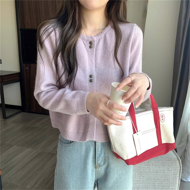 ニットカーディガン秋新作婦人服デザイン感優しい甘美風ショートタイプ丸首長袖ソフトモチモチニットセーター|undefined