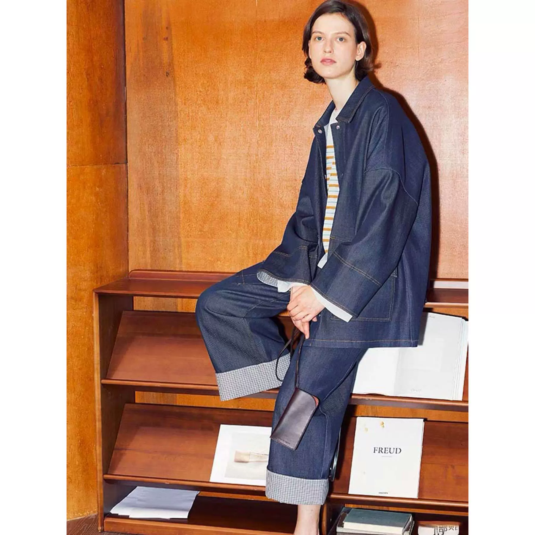 四媛 高级感原色廓形牛仔外套拼接翻边九分阔腿裤休闲套装女7796