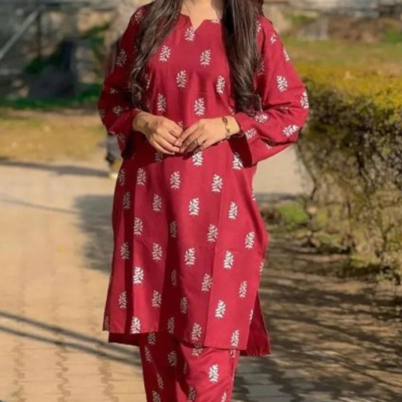 Salwa Two-Piece Traditional Clothing for Women, Ethnic Floral Print Slit Robe Kur Suit, Punjabi Outfit