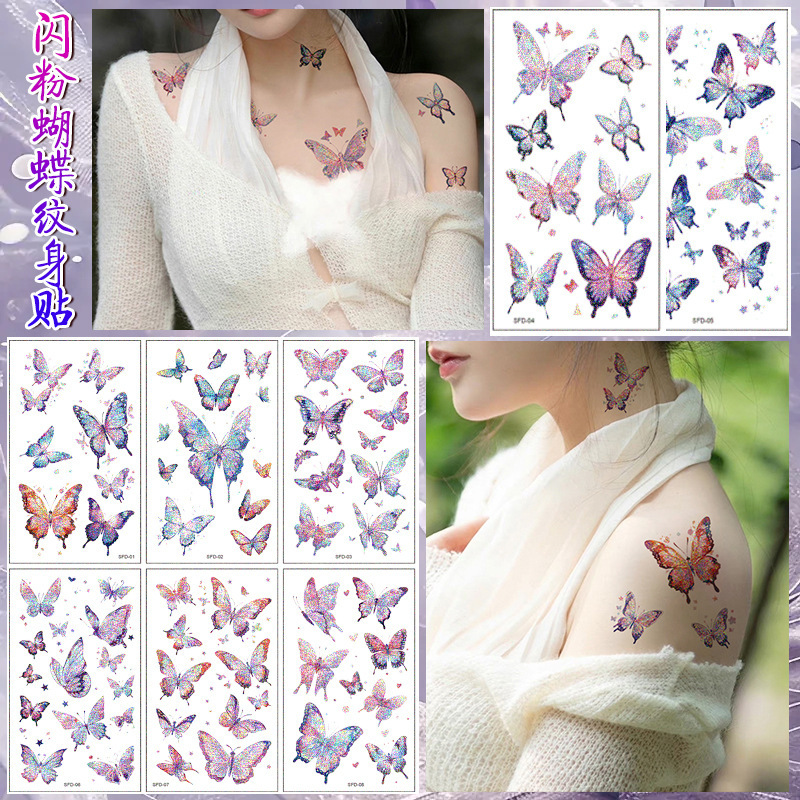 Cross-border New Color Glitter Butterfly Tattoo Sticker Advanced Sense Simulation Women's Sexy Clavicle Arm Temporary Tattoo Sticker