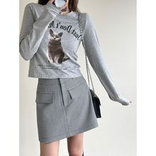 时髦休闲猫咪t恤女2024春季新品韩版圆领长袖显瘦短款上衣潮5519