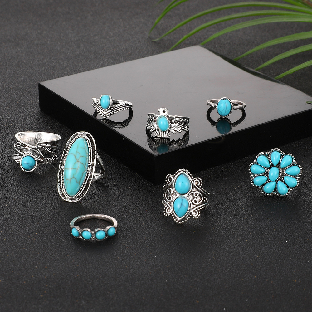 Exaggerated Ethnic Style Cool Style Leaf Round Snake Alloy Plating Inlay Turquoise Women's Rings display picture 32