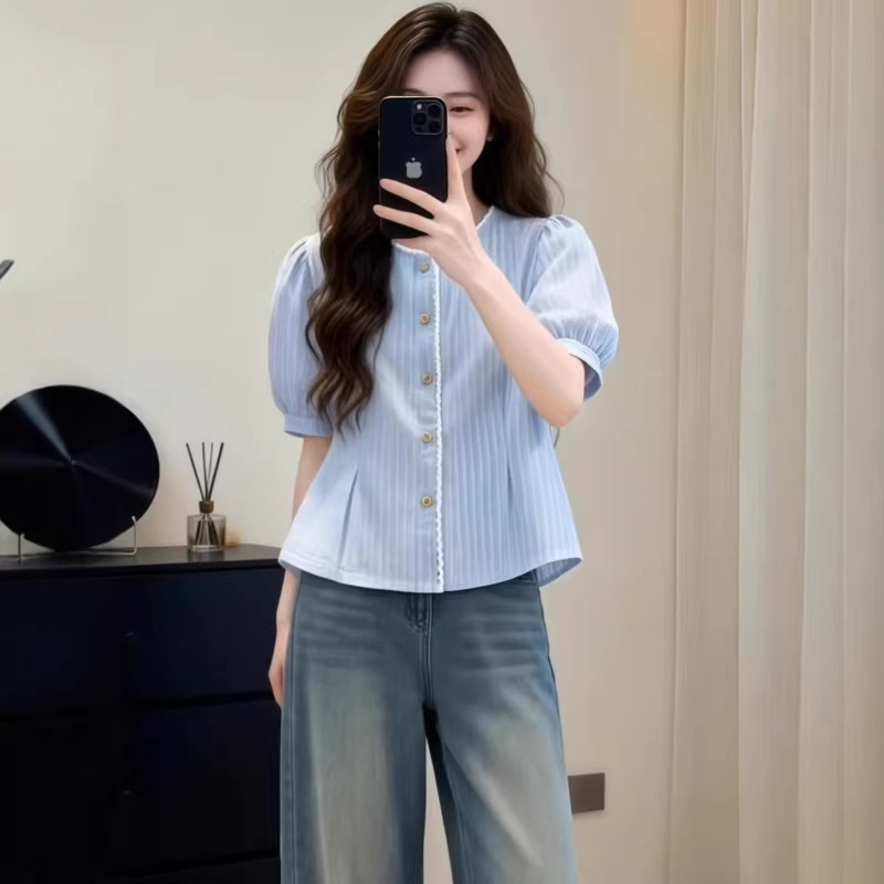 French-Style Lace Collar Striped Shirt for Women, New Plus-Size Slimming and Age-Reducing Short-Sleeve Top A3796-1