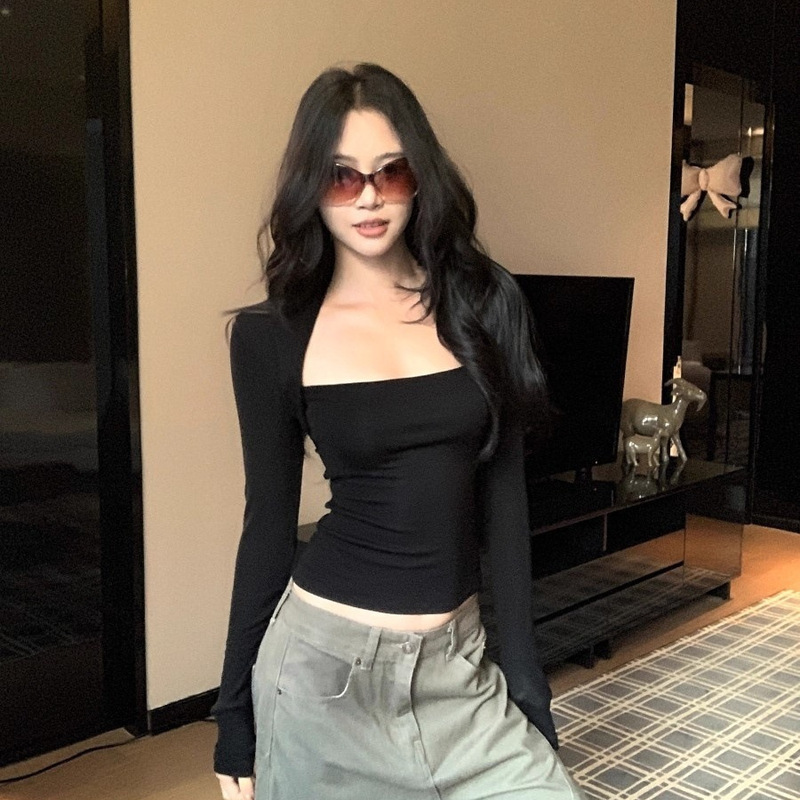 Spicy Girl Style Brushed Square Neck Black Waist-Cinching Long Sleeve T-Shirt Autumn Fake Two-Piece Slimming Base Shirt Top for Women