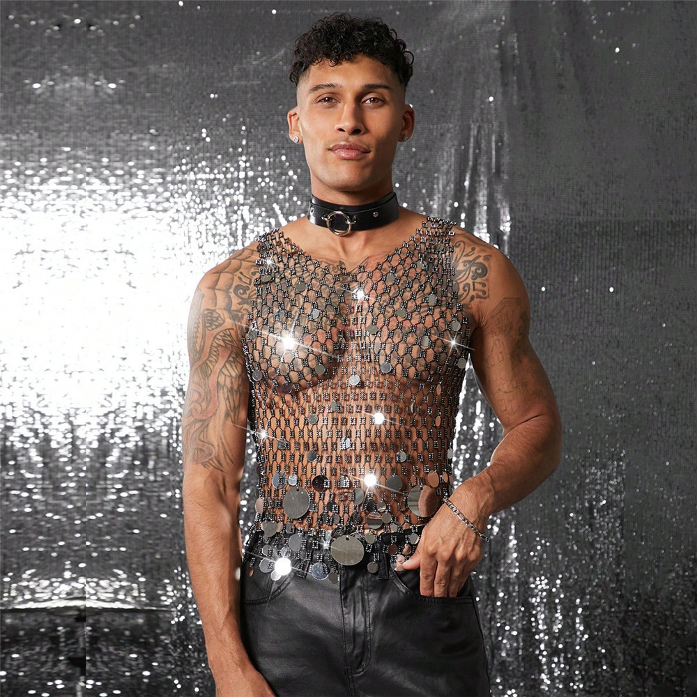 Hollow Out Sequin Mesh Outerwear Men's Top O1CN01YnypH02M5vPcfsUA1 !!2214796959777 0 Cib