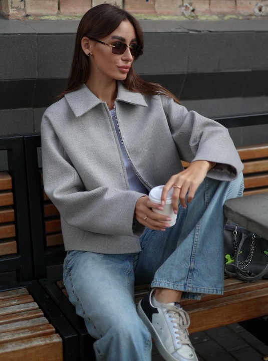 欧美跨境女装秋冬美式夹克纯色翻领复古短款外套时尚修身拉链上衣|undefined