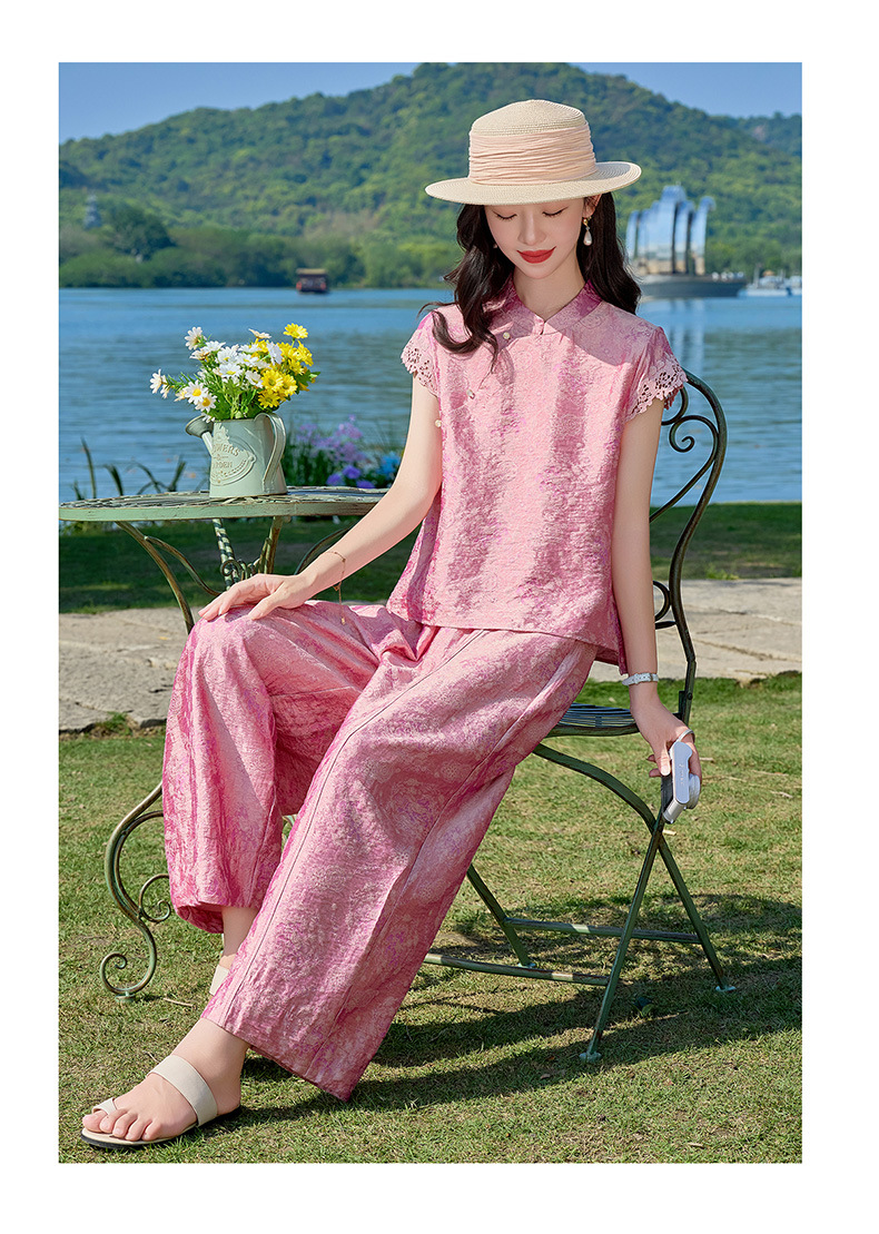 Bộ đầm maxi thắt eo họa tiết hoa nổi cổ điển phong cách Tân Trung Hoa — Hồng chi tiết 14