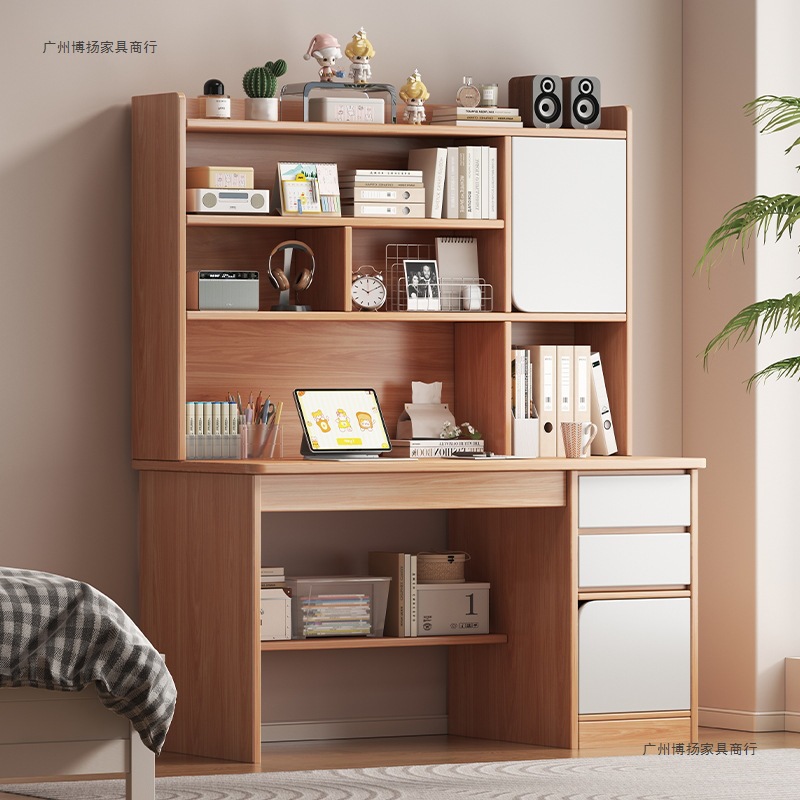 实木书桌学生家用卧室学习写字桌书桌书架一体带书柜抽屉电脑桌子