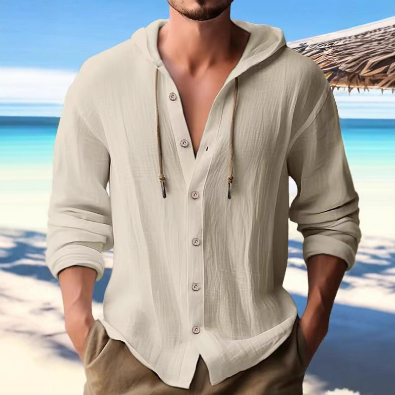 Cross-Border Amazon 2025 New Fashion Spring and Summer Men's Hooded Shirt Pure Color Cotton and Linen Casual Long-Sleeved Tops.
