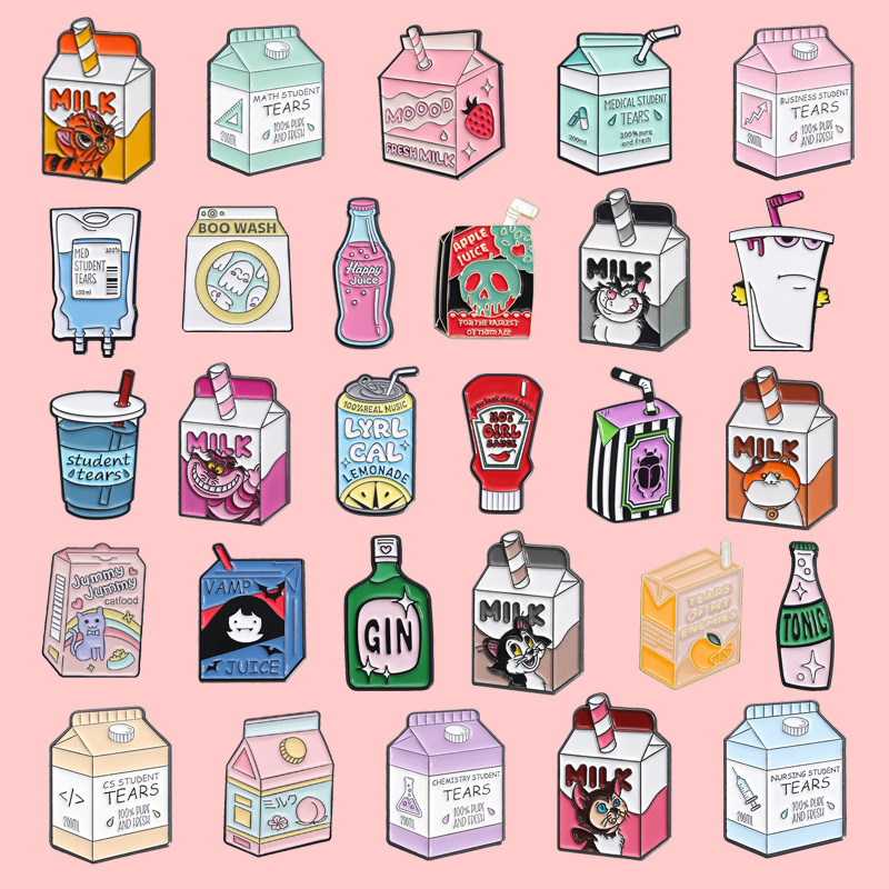 Cross-border creative milk box beverage juice shape cartoon badge simple ins style alloy brooch suit wholesale