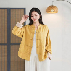 古咖服饰2025秋季新款立领复古盘扣暗纹提花大口袋文艺拼接上衣女
