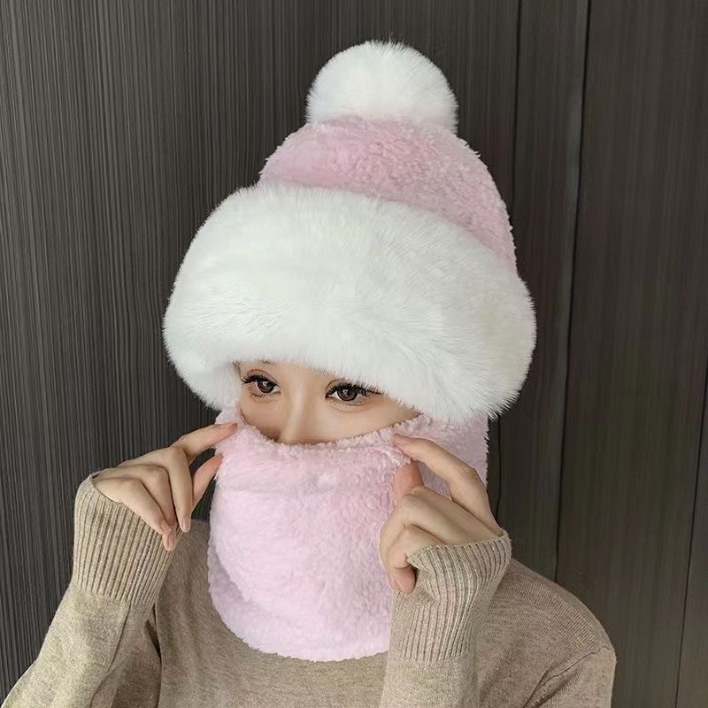 冬のかわいいキツネ耳ぬいぐるみ耳保護帽子、ネックスカーフ、オールインワン暖かい帽子、多用途の顔見せの小さな秋冬帽子|undefined