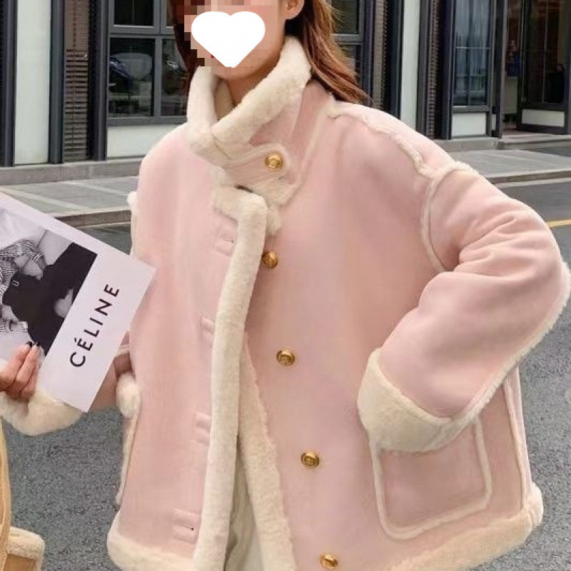 Qadın üçün qısa süet effektli qoyun yunlu jaket 2025