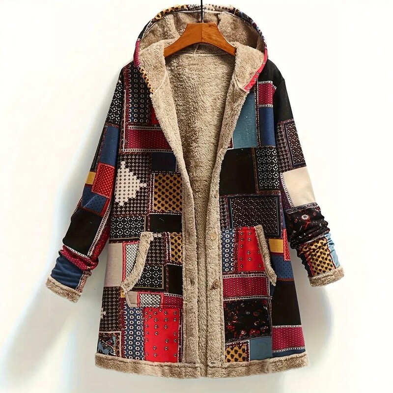 2026 New Style Spliced ​​Sheep Wool Hooded Jacket for Women Autumn and Winter Retro Ethnic Style Mid-Length Thickeneded Warm Jacket