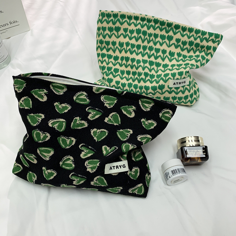 复古灯芯绒化妆包一件起批花朵提花旅行随身便携手拿收纳包洗漱包
