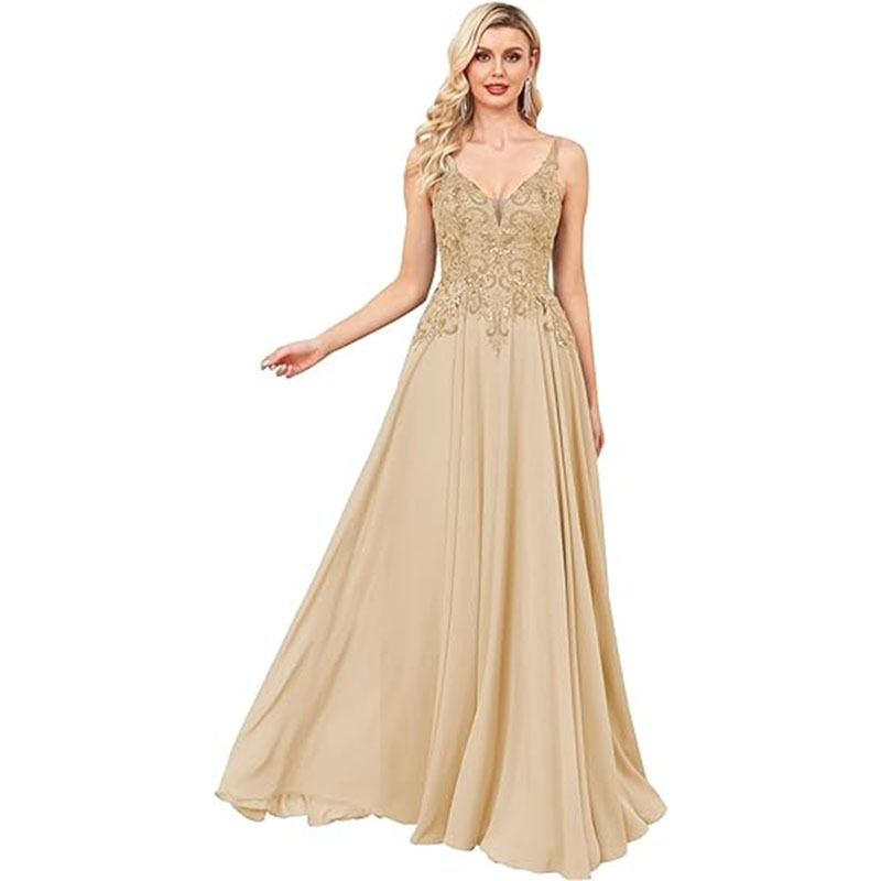 Foreign Trade Lace Applique Chiffon Prom Dresses Long A-Line Formal Gowns Women Split V-Neck Evening Party Dress