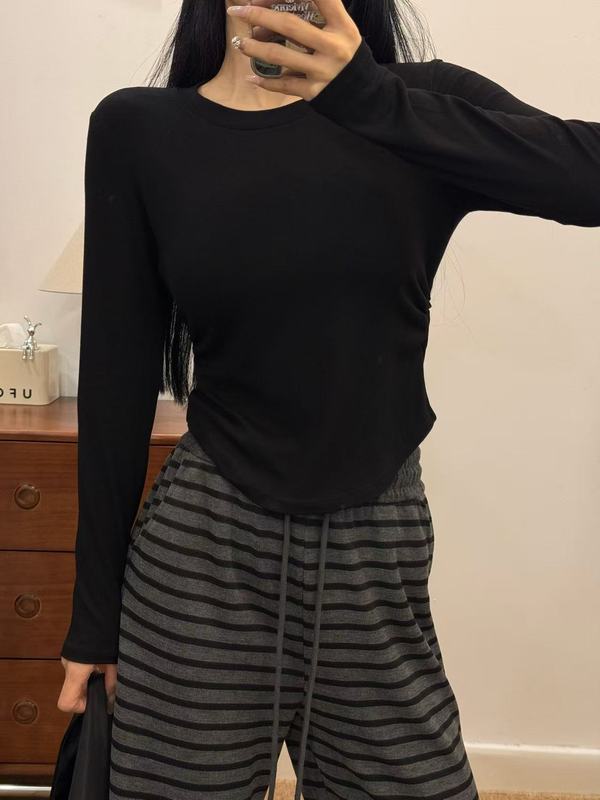 布小九/圆领褶皱收腰打底衫女生修身长袖纯色百搭圆领长袖T恤上衣|undefined