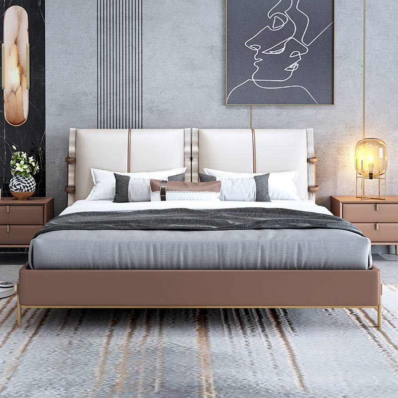 意式极简真皮床双人床1.8米1.5米ins轻奢网红床主卧床小户型皮床